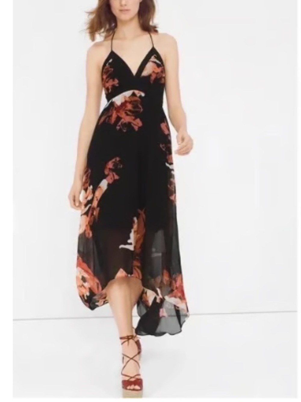 NWT White House Black Market floral high-low maxi halter black orange dress